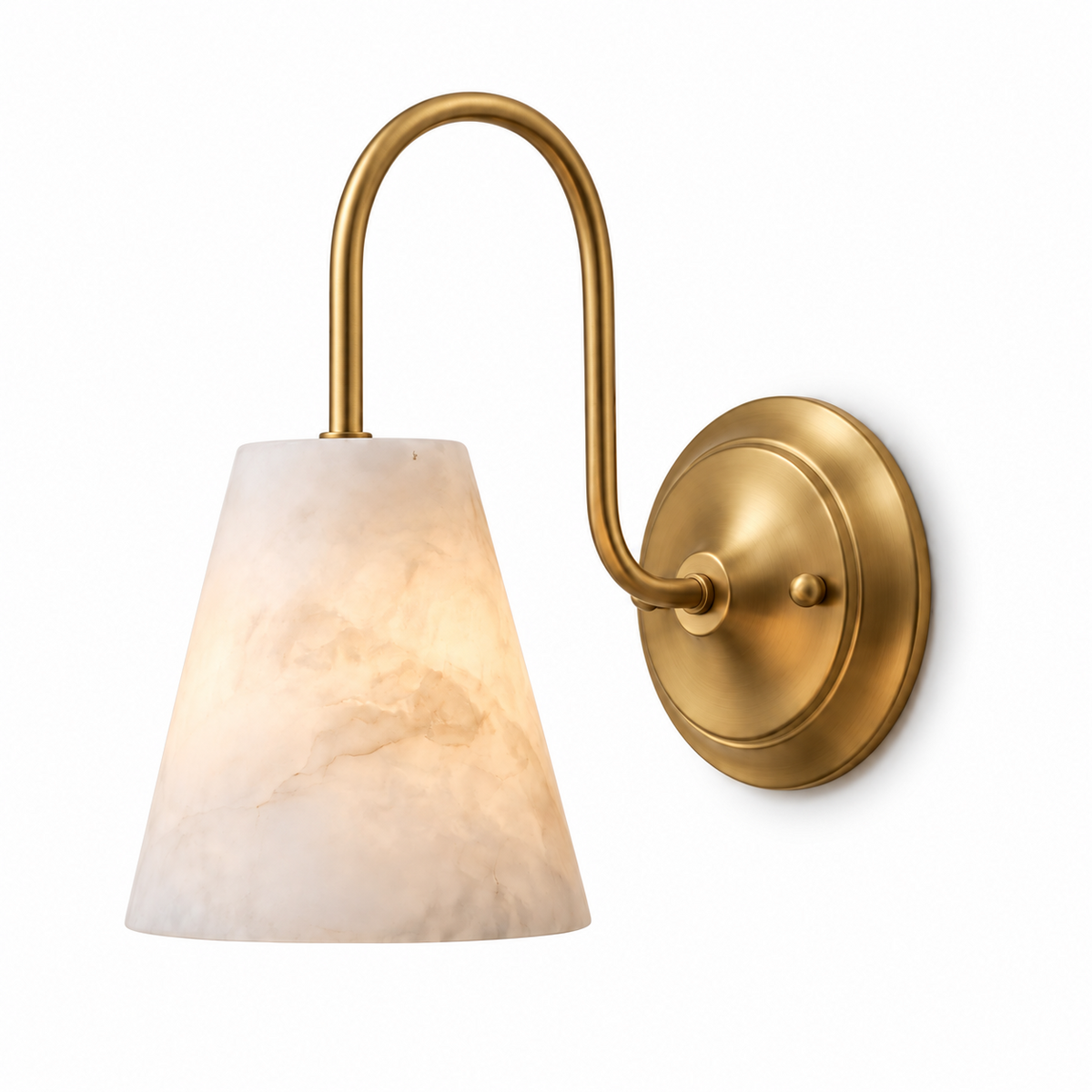 A brushed brass Clérachic wall sconce with an alabaster cone shade, its gooseneck arm curved above a plain backdrop.