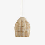 Studio view of this Clérachic pendant, showing its vertical rattan ribs taper to a rounded base.