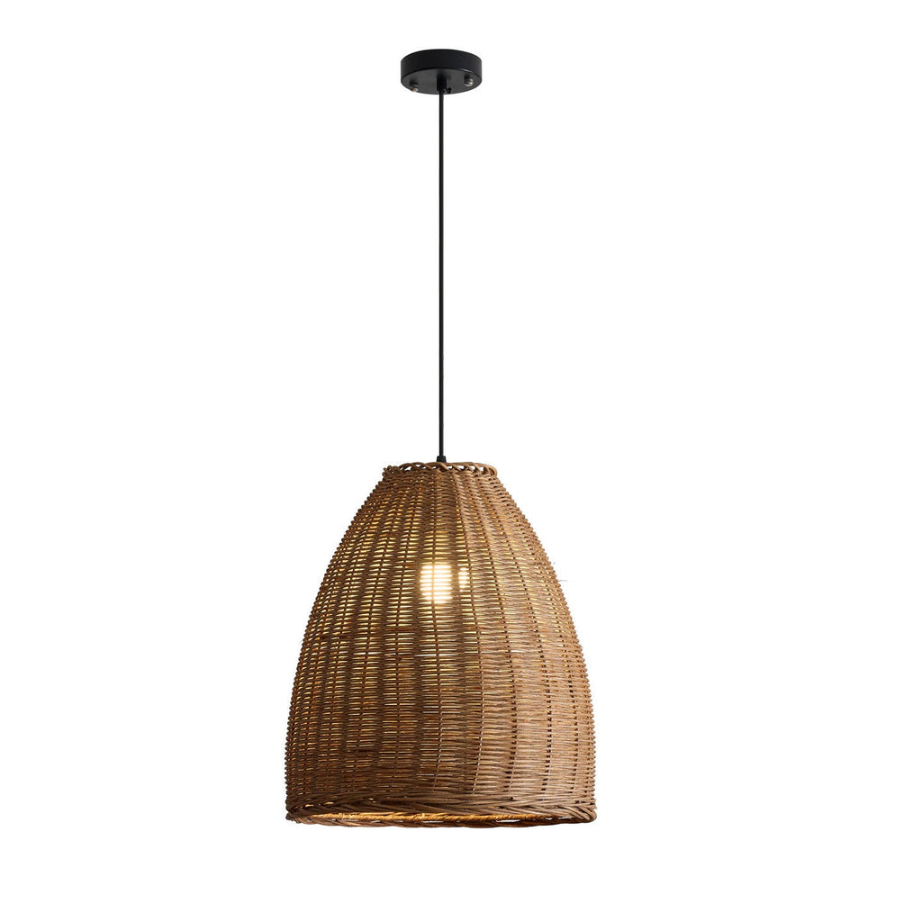 Hanging from a black cord and canopy, this rattan Clérachic pendant glows warm against a plain backdrop.