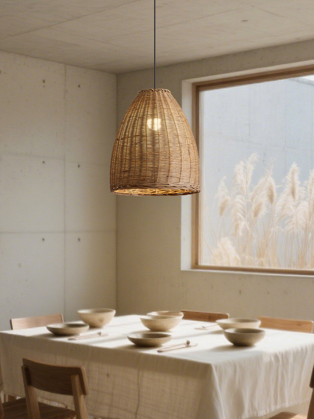 Ceramic bowls and a linen cloth dress a table in a concrete-walled dining nook lit by this rattan Clérachic pendant.
