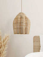 This Clérachic pendant hangs against a plain white wall, beside a spray of dried pampas grass.