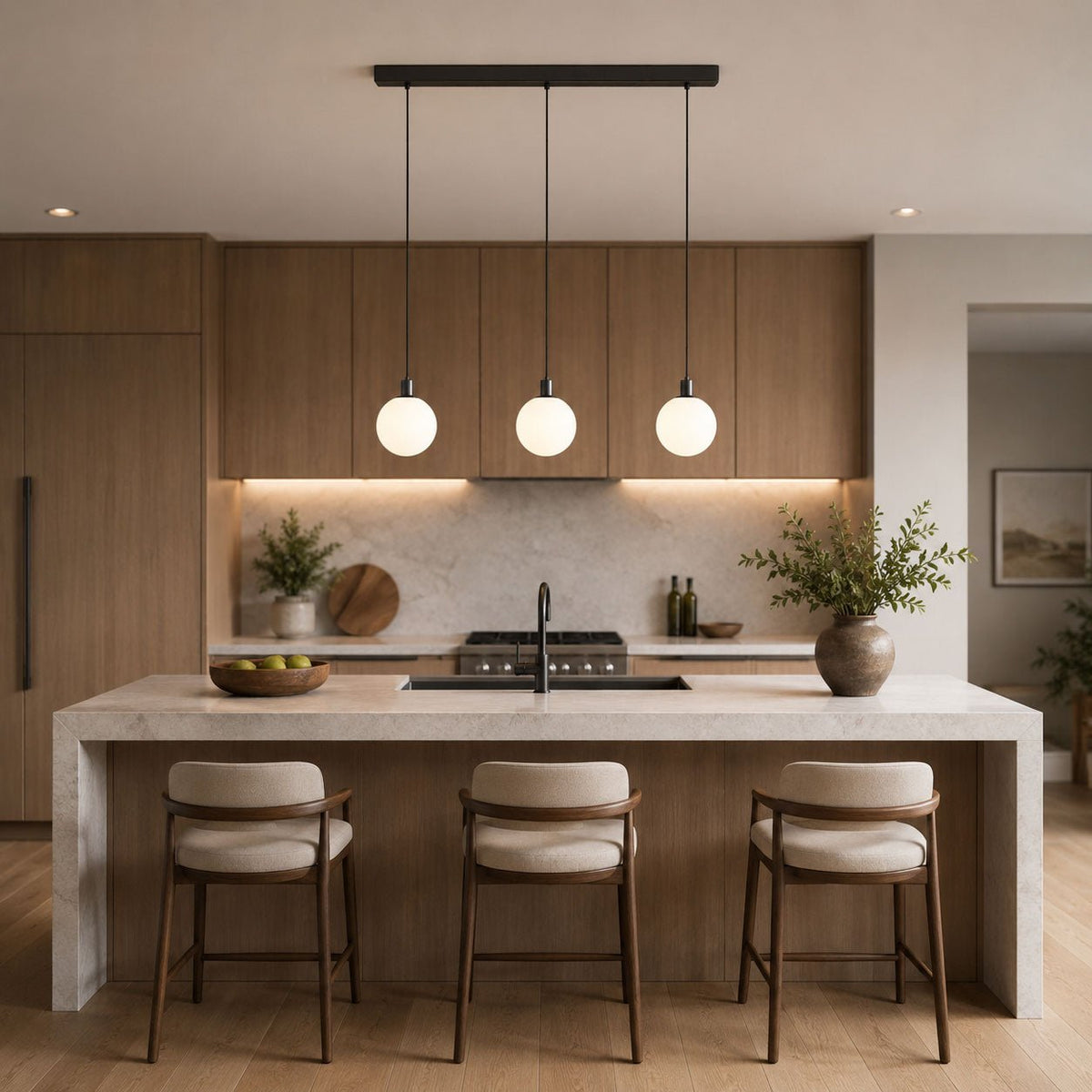 This Clérachic three-head sphere pendant lights a wood kitchen island with cushioned stools.