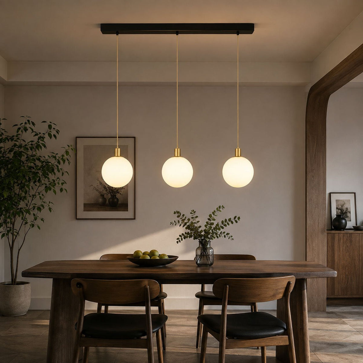 This Clérachic three-head pendant lights a wood dining table set with a small vase.