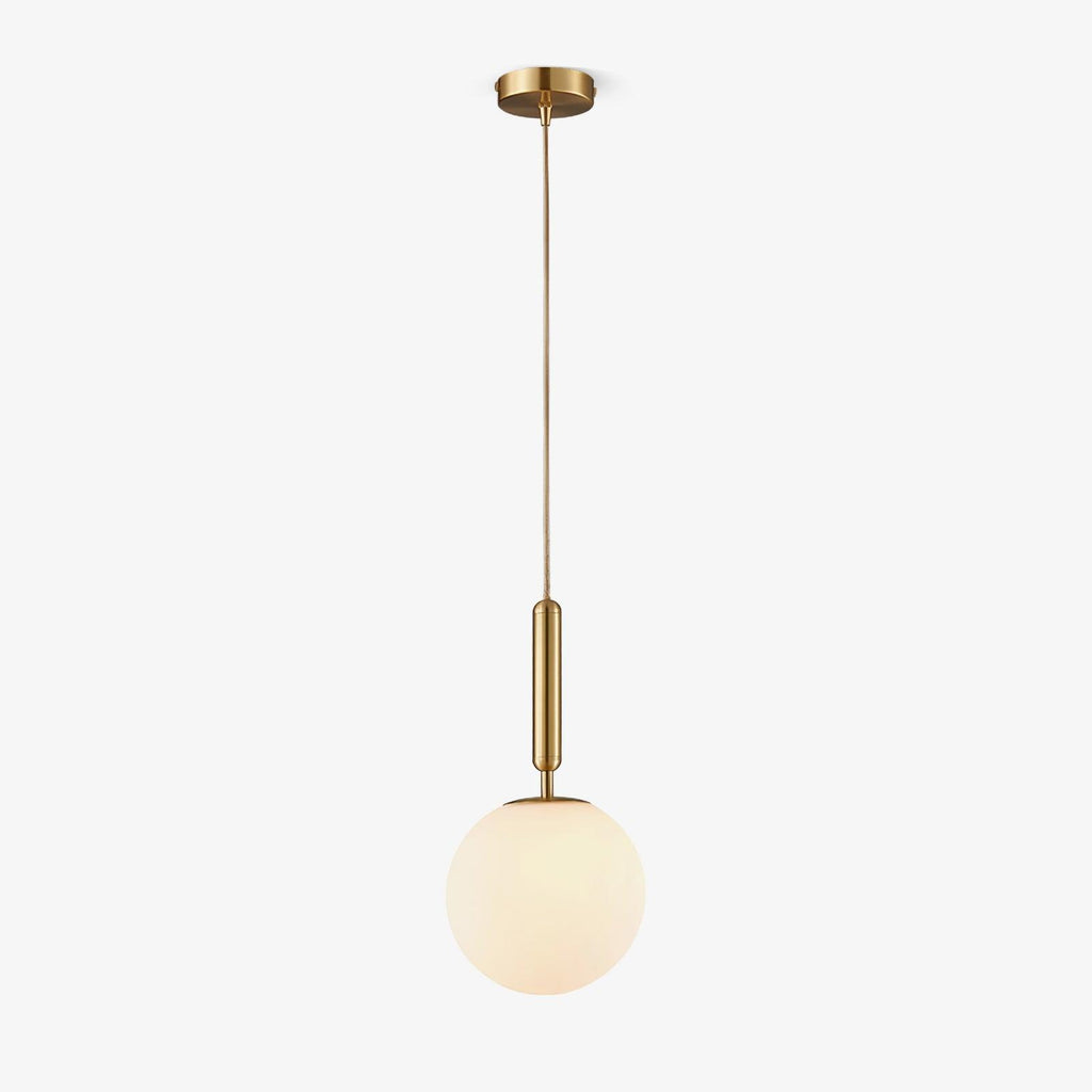 This Clérachic sphere pendant in brass and white hangs from its round ceiling canopy on white.