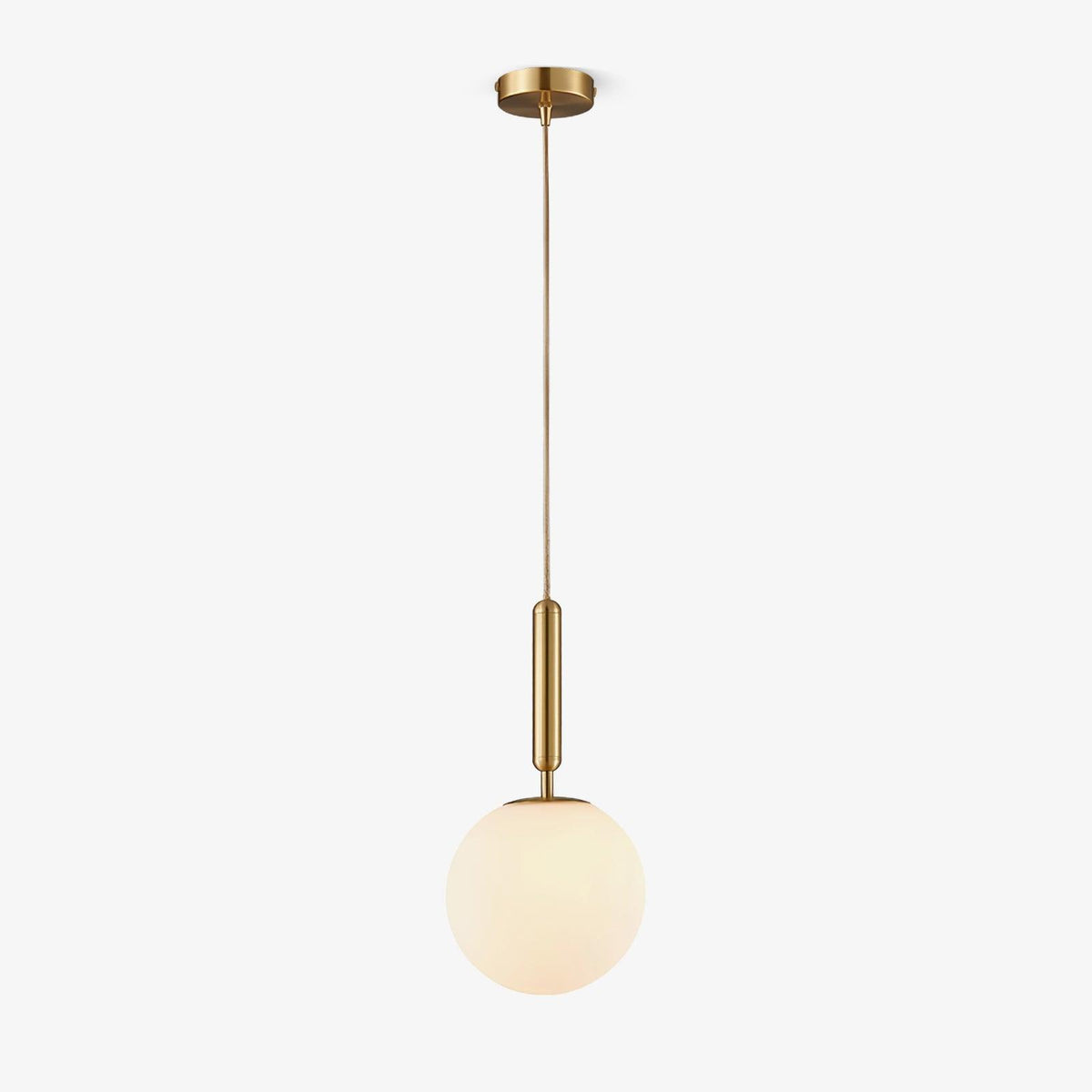 This Clérachic sphere pendant in brass and white hangs from its round ceiling canopy on white.