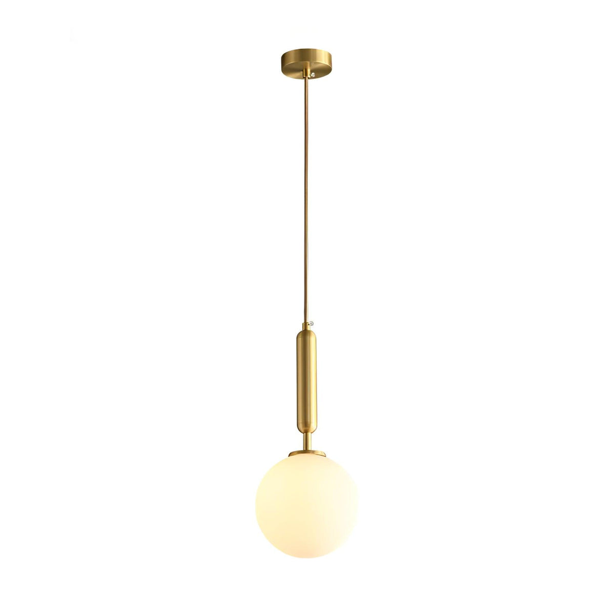 This Clérachic sphere pendant hangs lit on a rigid brass stem against plain white.