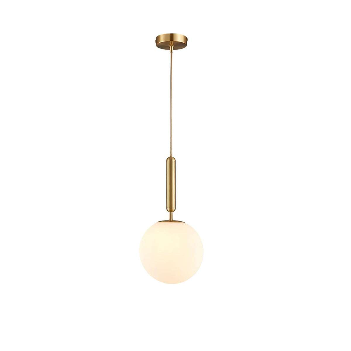 A single brass-and-white Clérachic sphere pendant hangs on a straight cord against plain white.