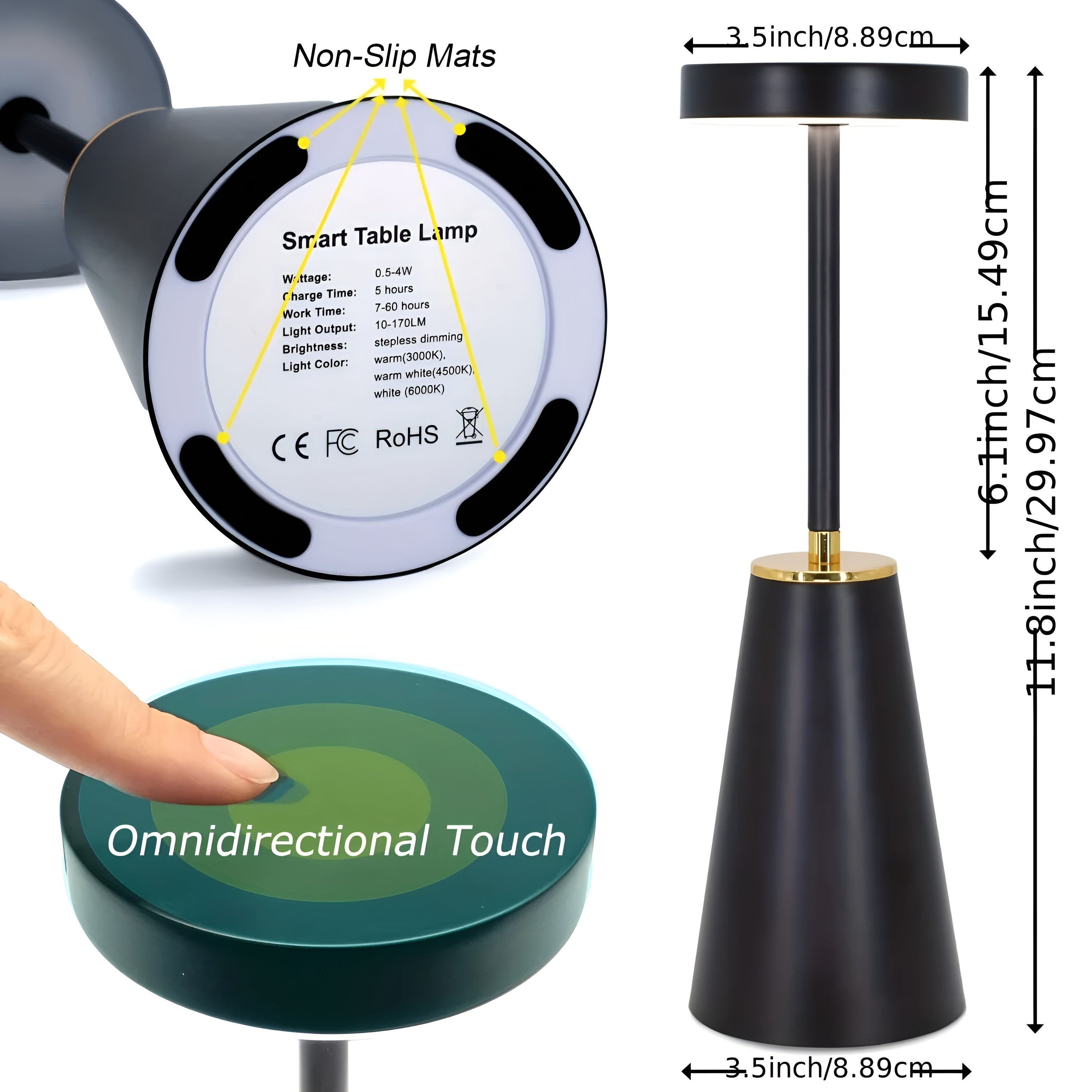 Cordless Table Lamp With Rechargeable Battery, Touch-Dim LED