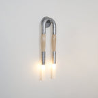 Horsehair wall lamp mounted above seating with warm light