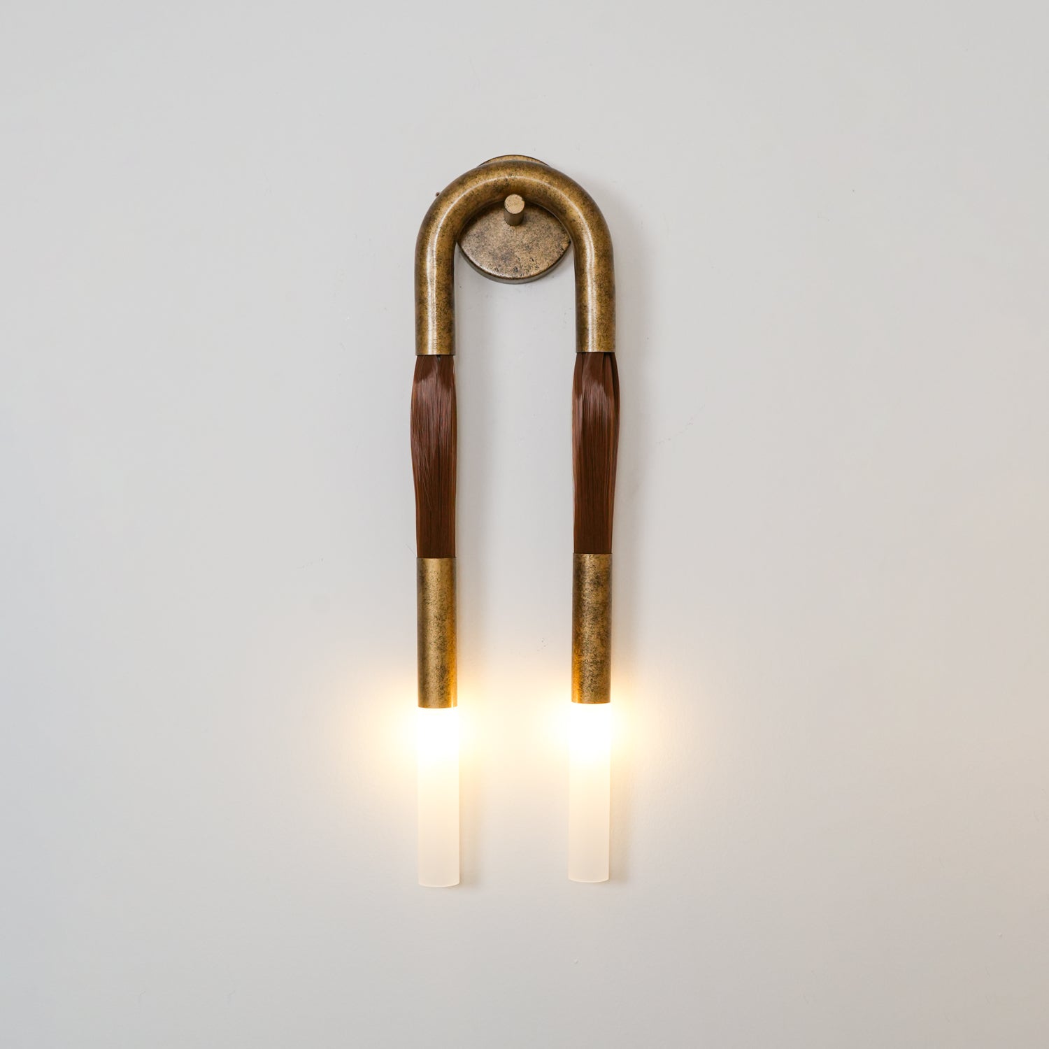 Horsehair wall lamp with flowing mane and white glass shade lit