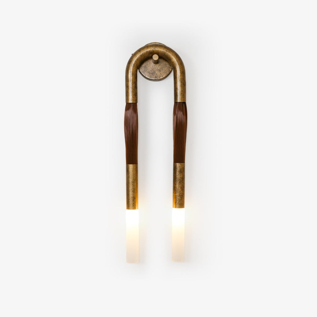Horsehair wall lamp with white glass shade and iron frame