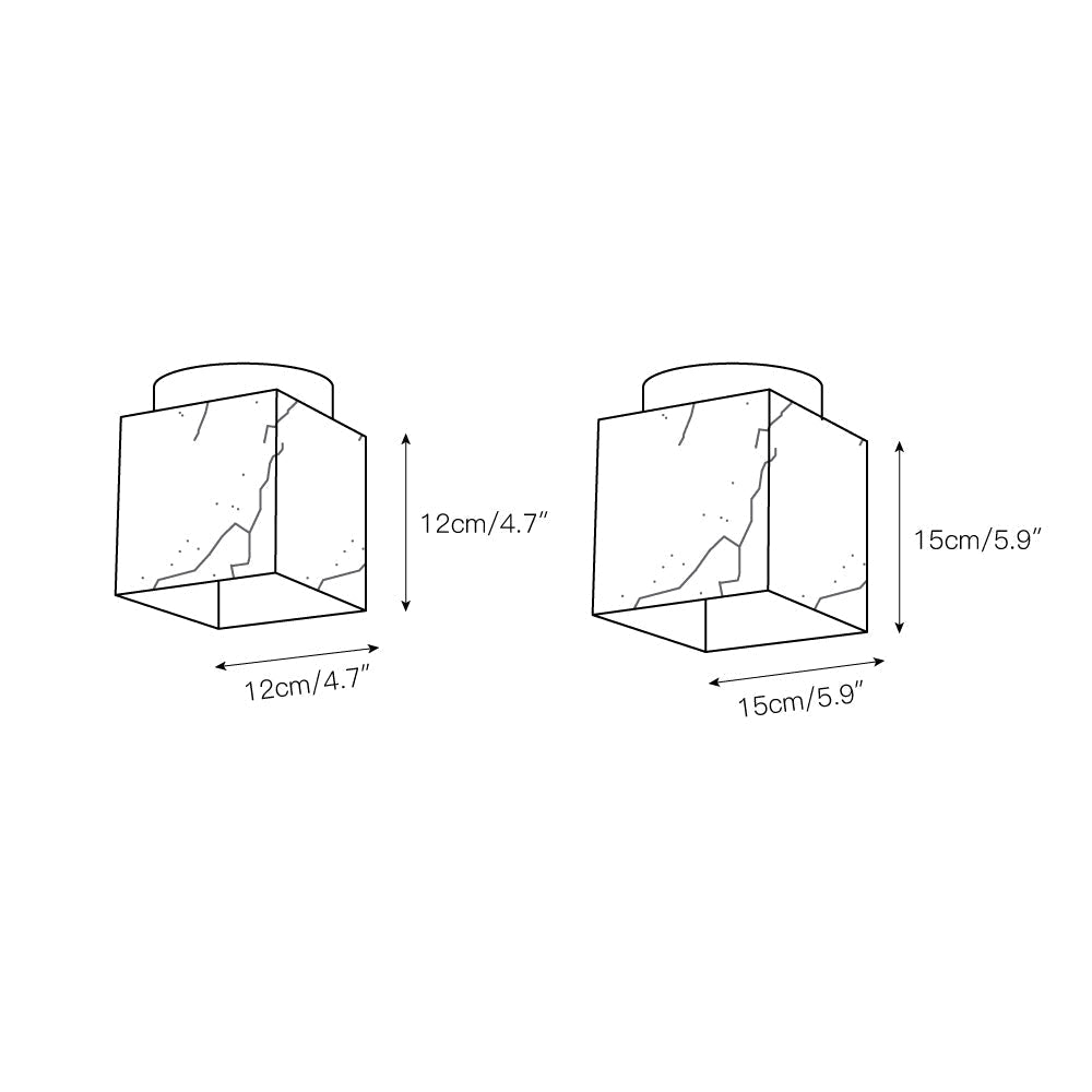 Dimension drawing for the Usilia alabaster ceiling light showing the 12cm/4.7in and 15cm/5.9in square sizes.