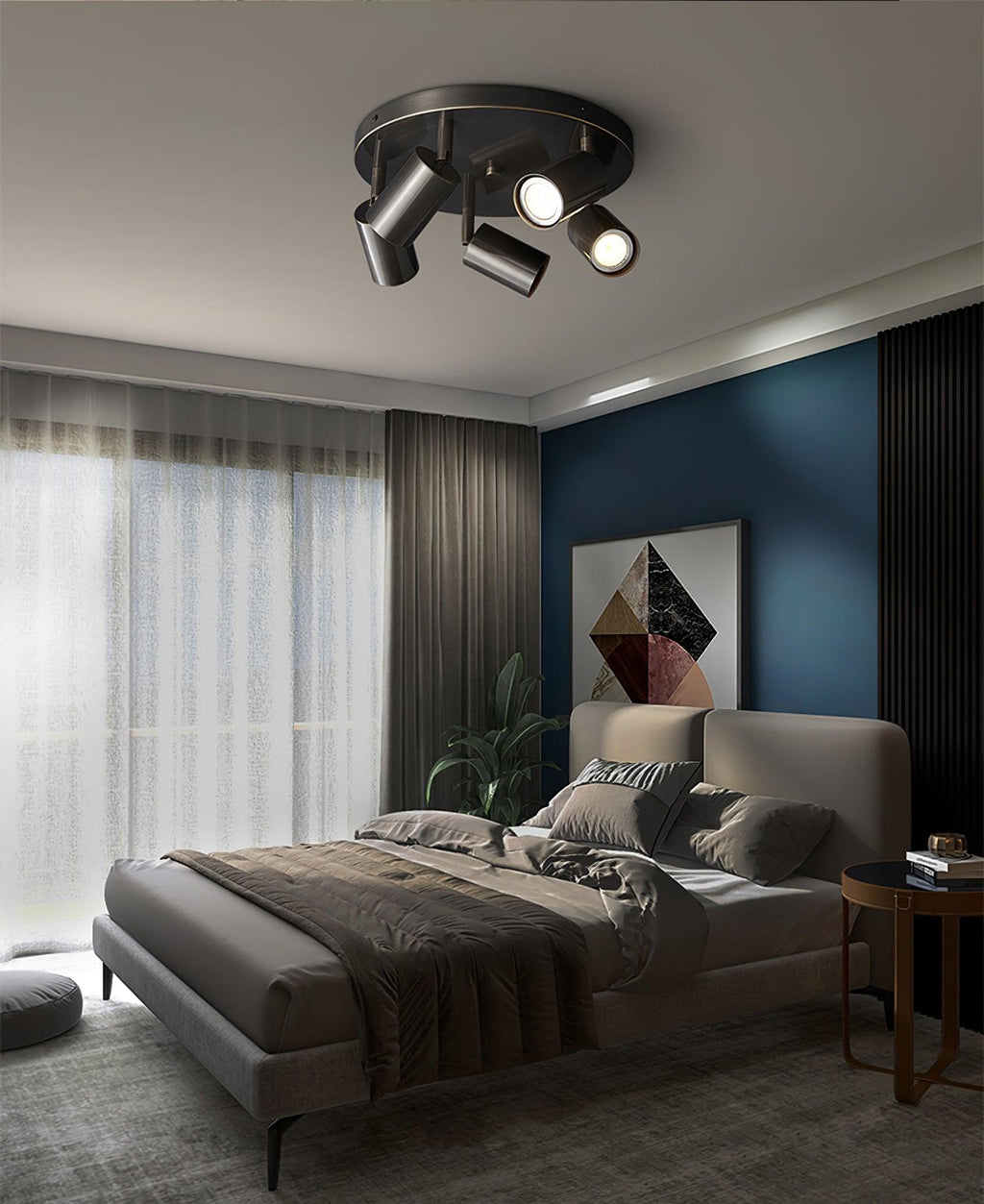 Brass spotlight ceiling light with five directional heads lit