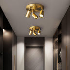 Brass spotlight ceiling light lit above a reading corner