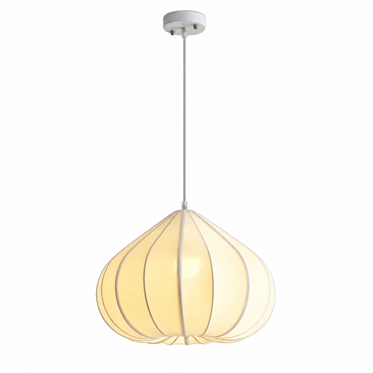 This Clérachic pendant, its tapering shade ribbed in white fabric, glows warm against a plain white background.