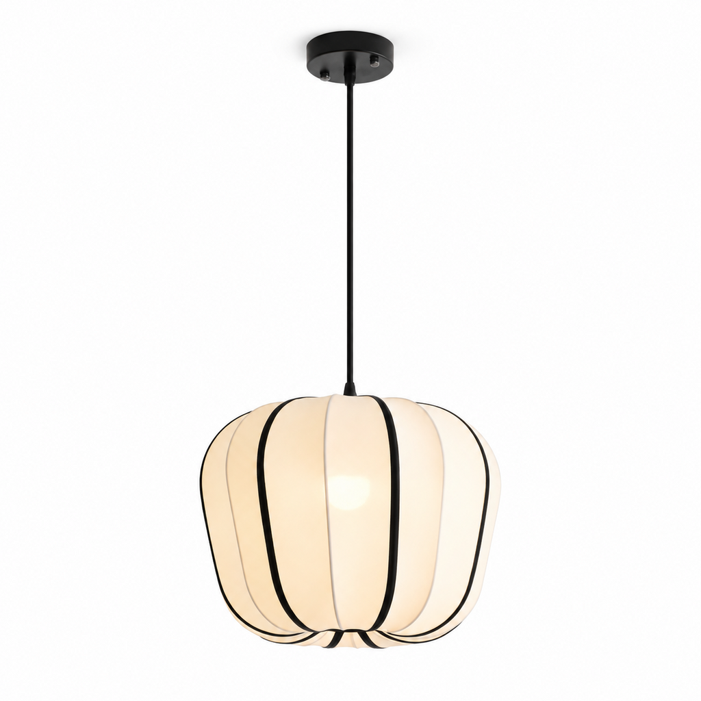 Ribbed in black seam trim, this Clérachic pendant's rounded shade glows warm against a plain white background.
