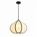 This Clérachic pendant's tapering shade, trimmed in black seams, glows warm on a black cord against white.