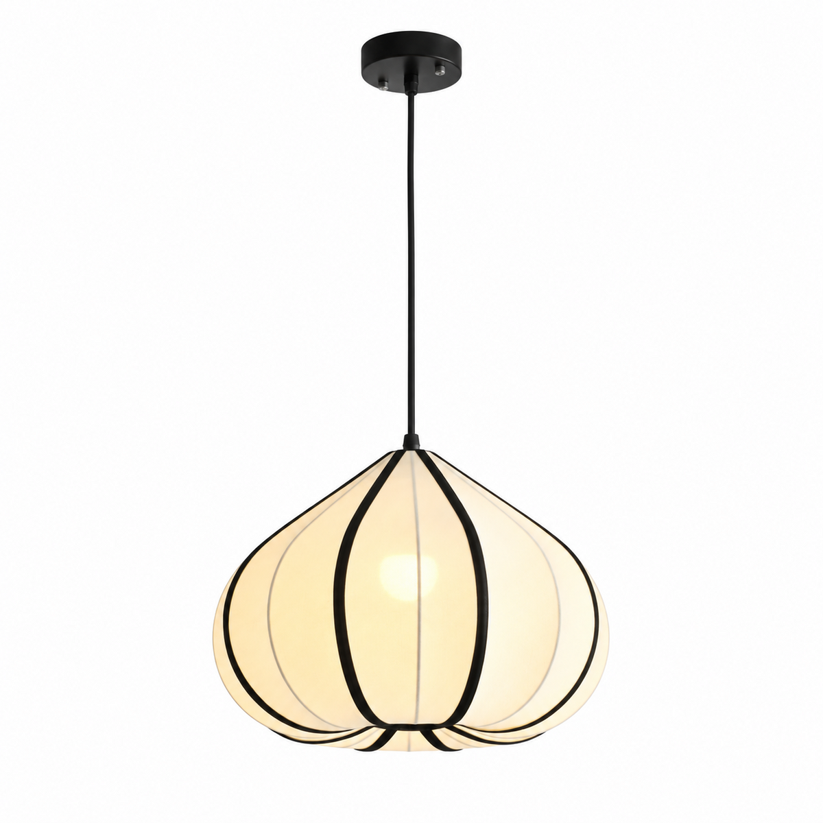 This Clérachic pendant's tapering shade, trimmed in black seams, glows warm on a black cord against white.