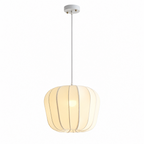 This Clérachic pendant's rounded fabric shade glows warm, its ribbed panels shown against a plain white background.