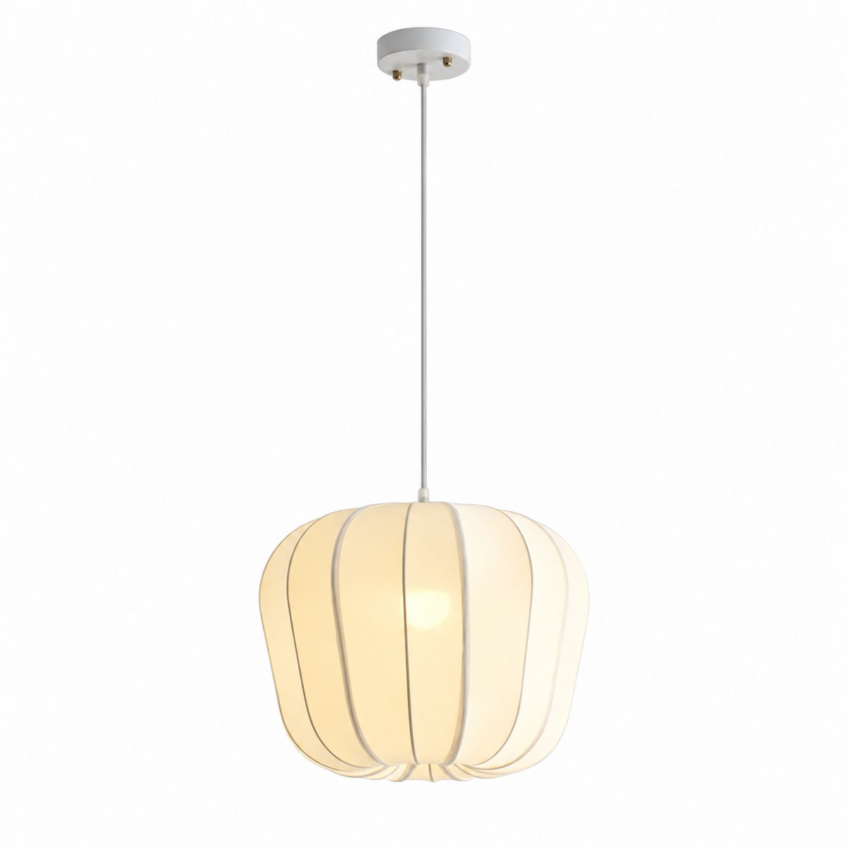 This Clérachic pendant's rounded fabric shade glows warm, its ribbed panels shown against a plain white background.