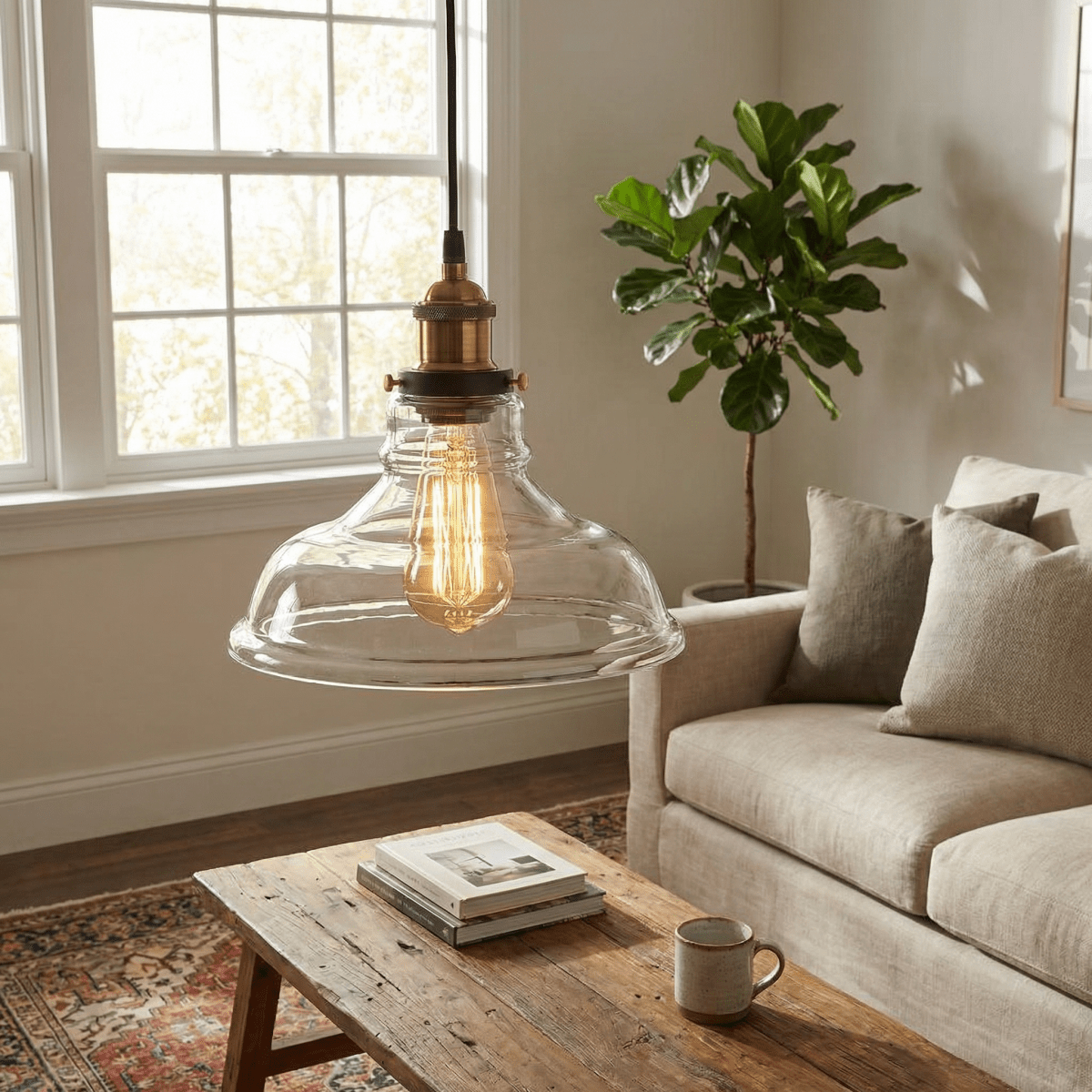 12-Inch Vintage Pendant Light, Curved Glass Shade With Metal Fixture