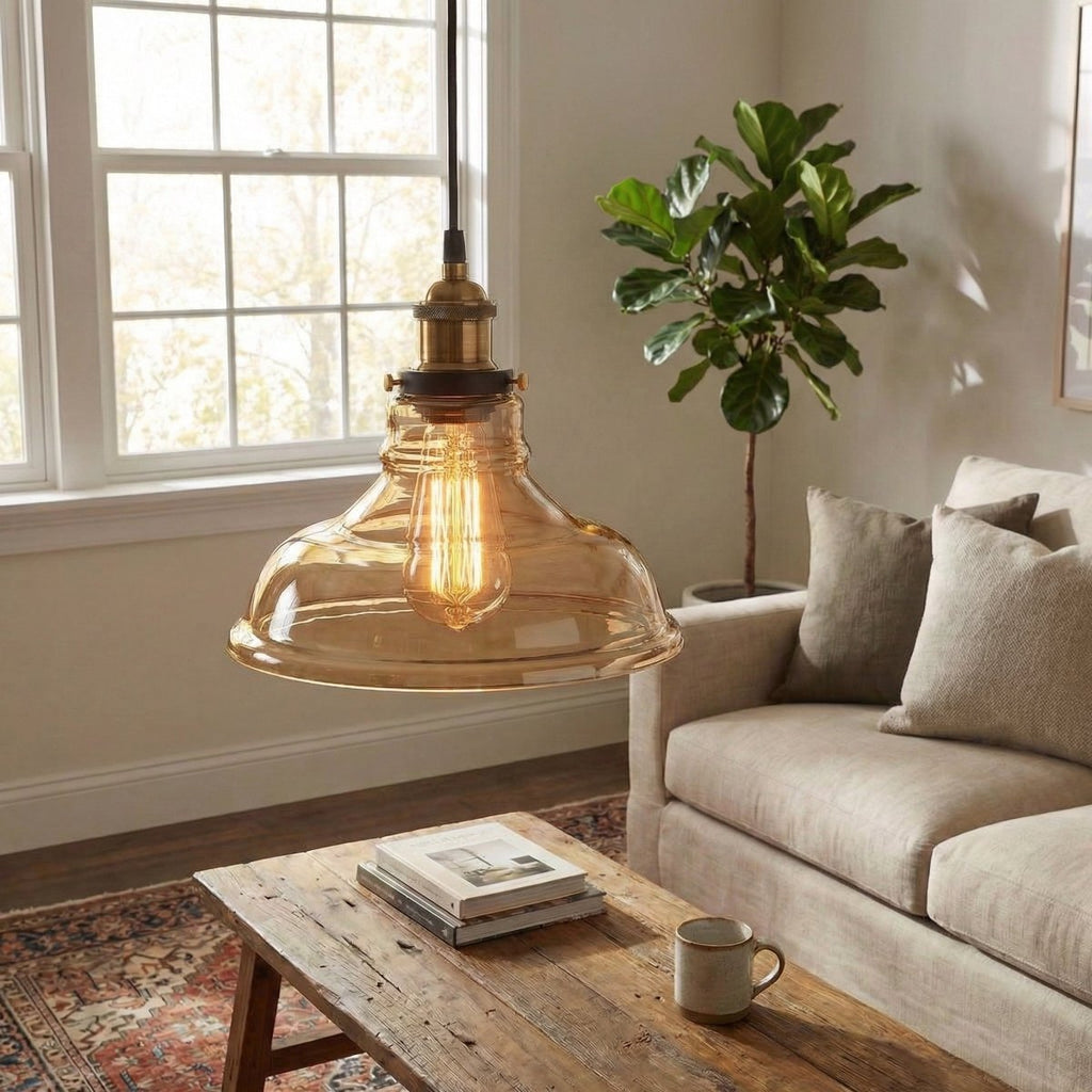 12-Inch Vintage Pendant Light, Curved Glass Shade With Metal Fixture