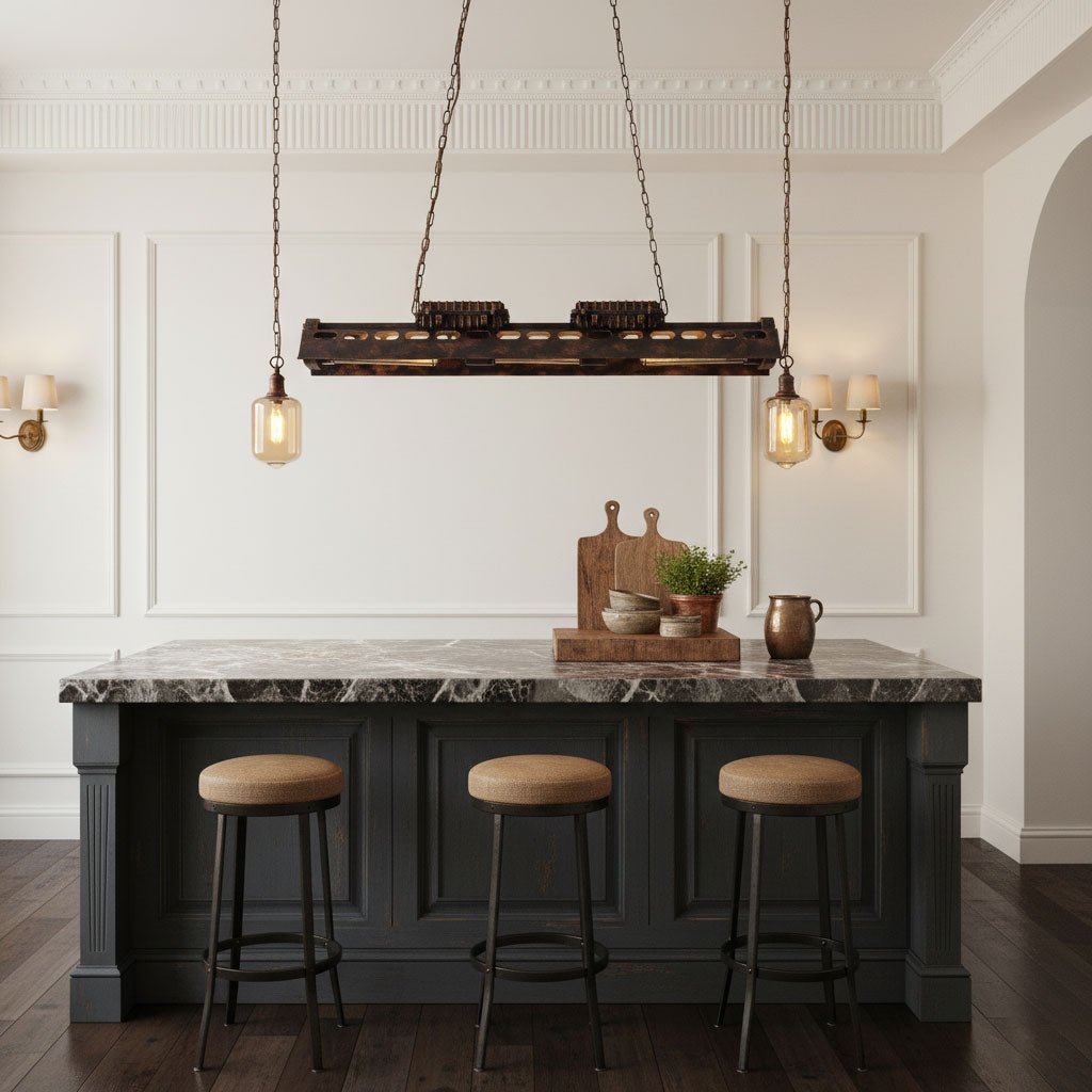 Rust finished industrial chandelier with Edison bulbs against a wall