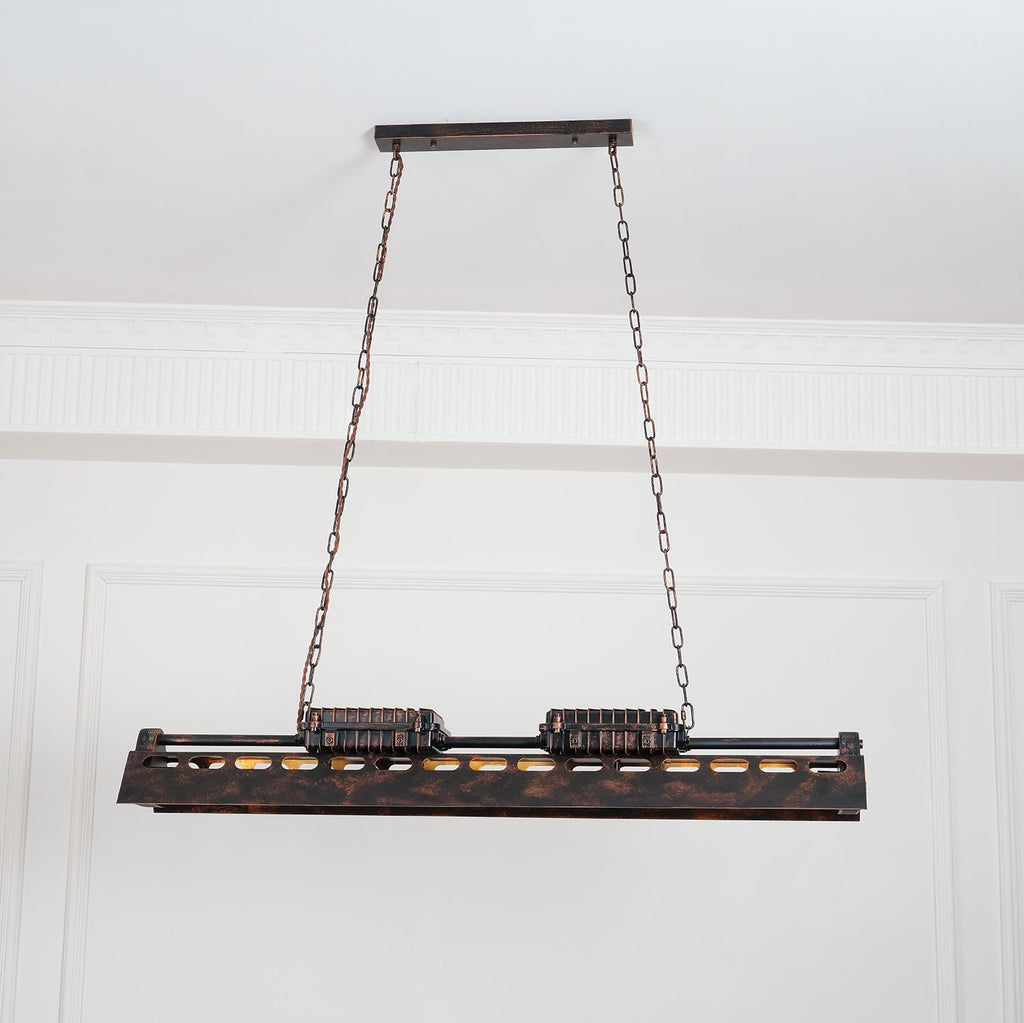 Industrial steampunk chandelier detail showing rust finish and sockets