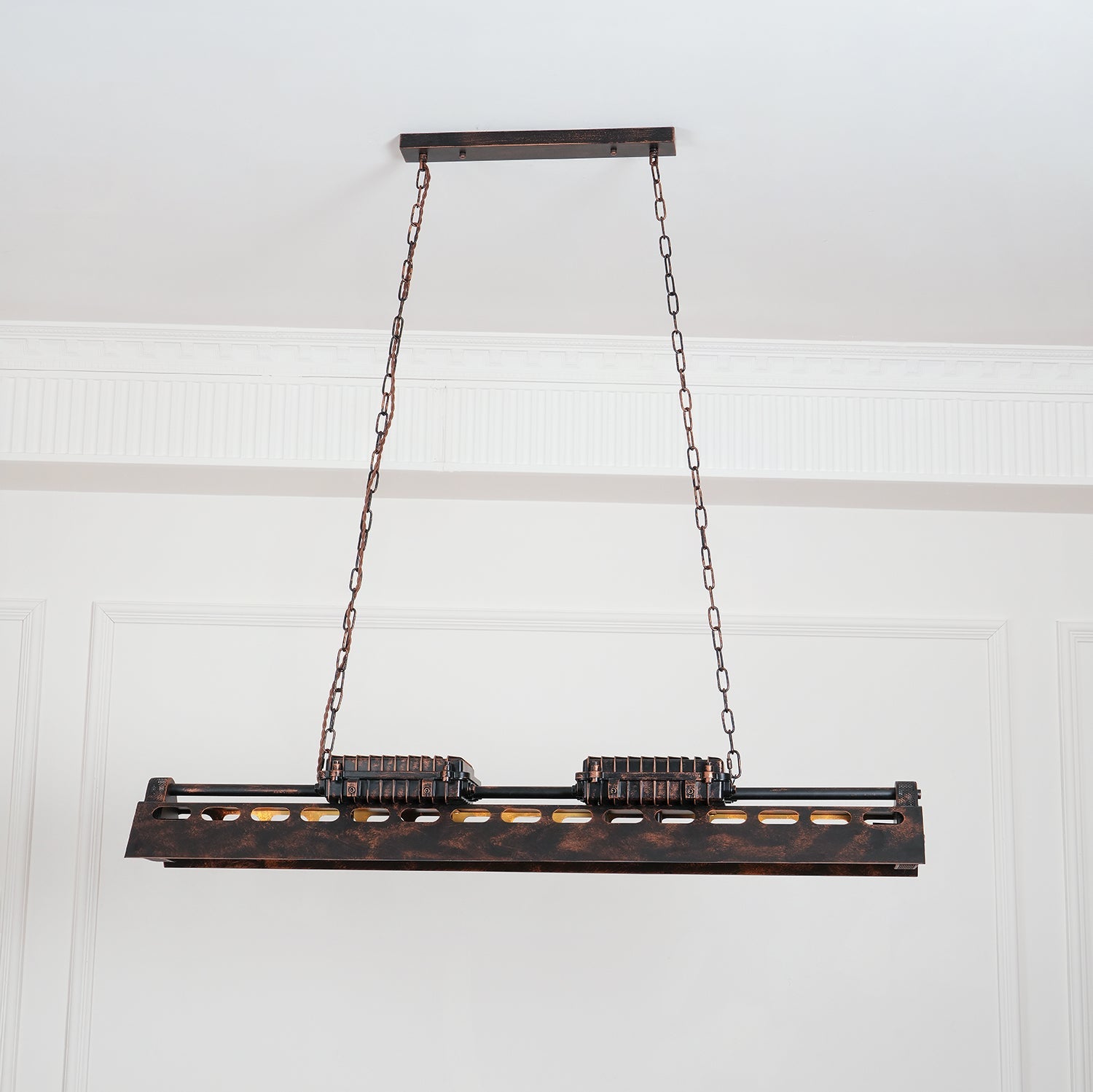 Industrial steampunk chandelier detail showing rust finish and sockets