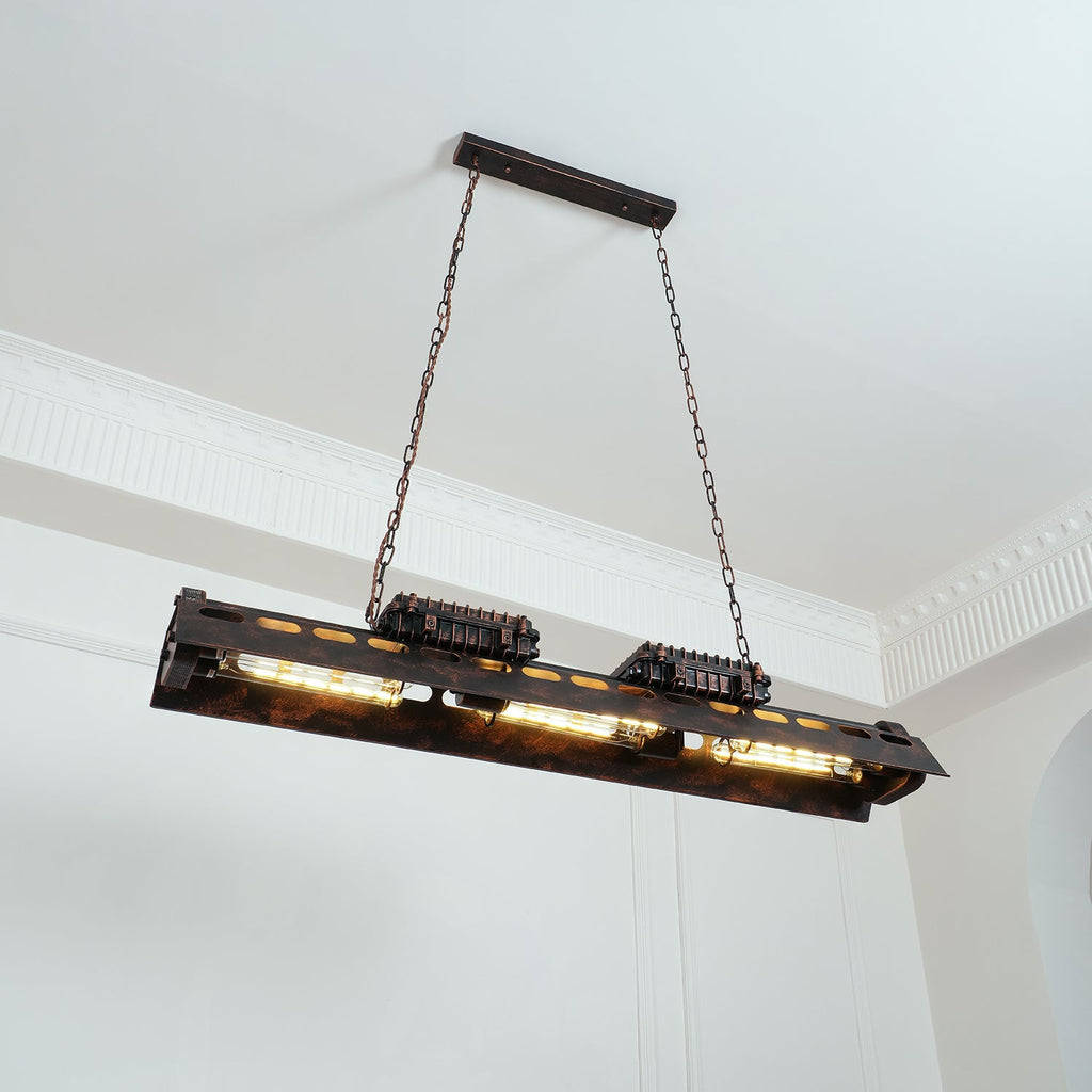 Hollow-out rust iron chandelier with multiple exposed Edison bulbs