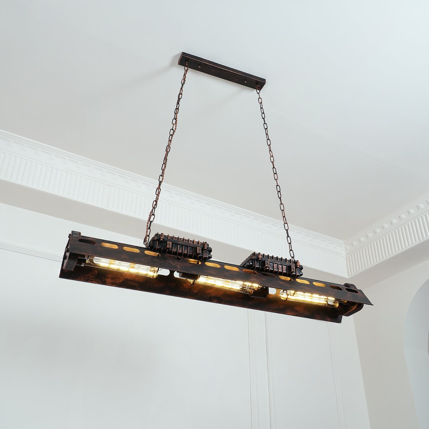 Hollow-out rust iron chandelier with multiple exposed Edison bulbs