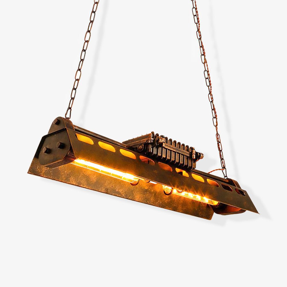 Industrial steampunk chandelier in rust iron with mechanical detail