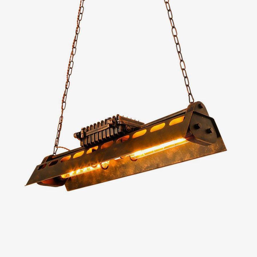 Industrial chandelier in rust finish with exposed Edison-style bulbs