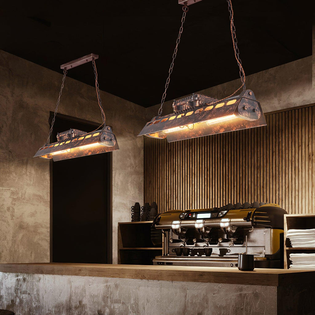 Industrial rust iron chandelier with hollow-out frame and amber light