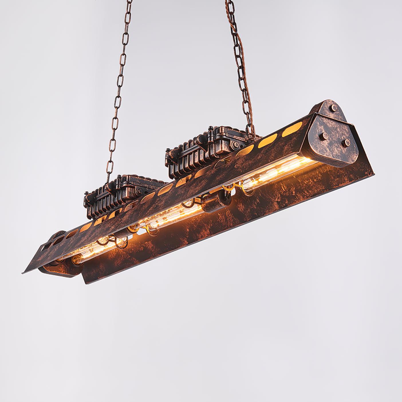 Rust iron steampunk chandelier glowing with warm amber Edison light