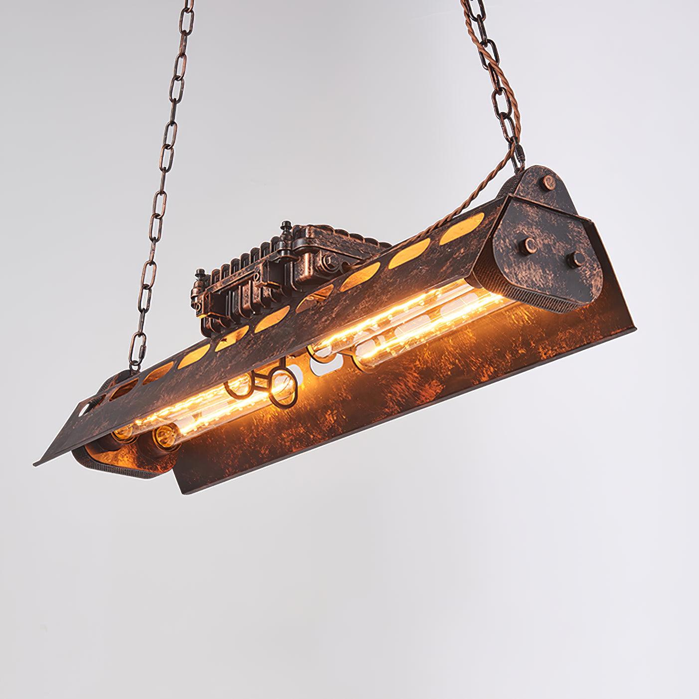 Rust iron steampunk chandelier with Edison bulbs over a kitchen island