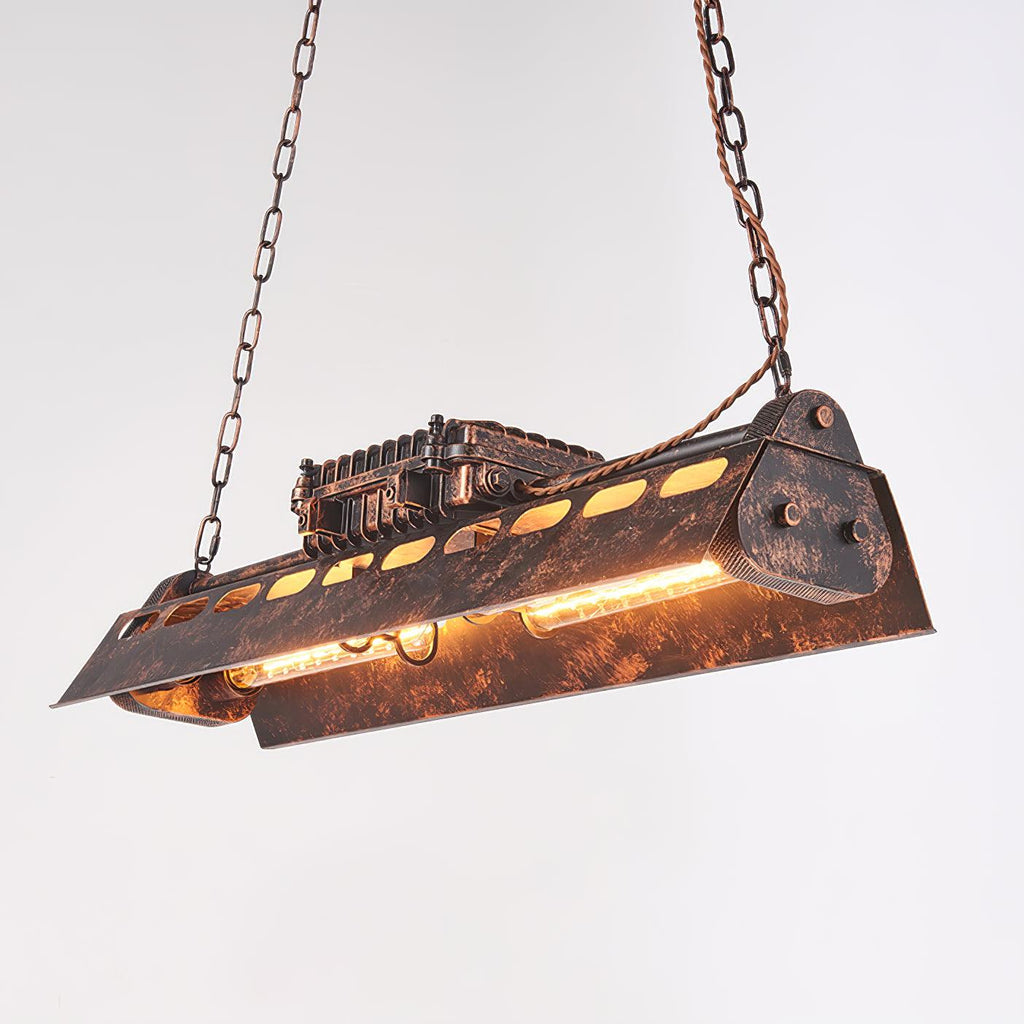 Industrial steampunk chandelier with rust iron frame and exposed Edison bulbs