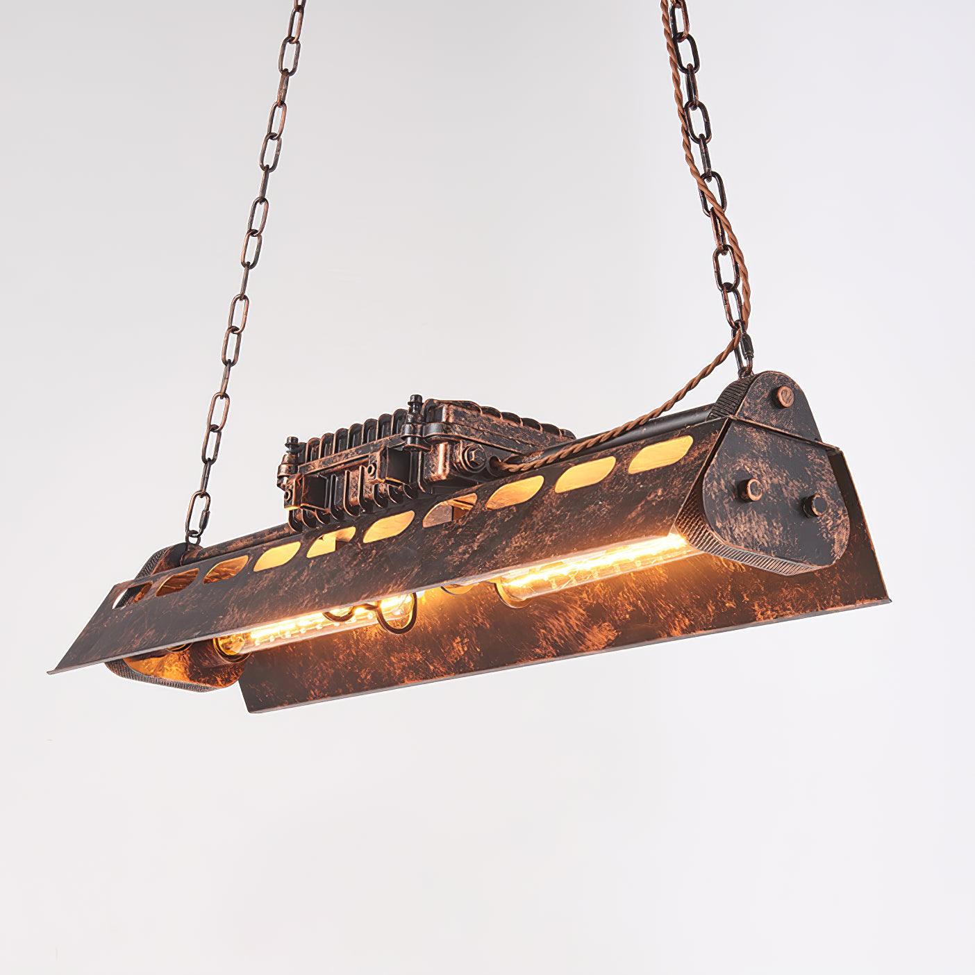 Industrial steampunk chandelier with rust iron frame and exposed Edison bulbs