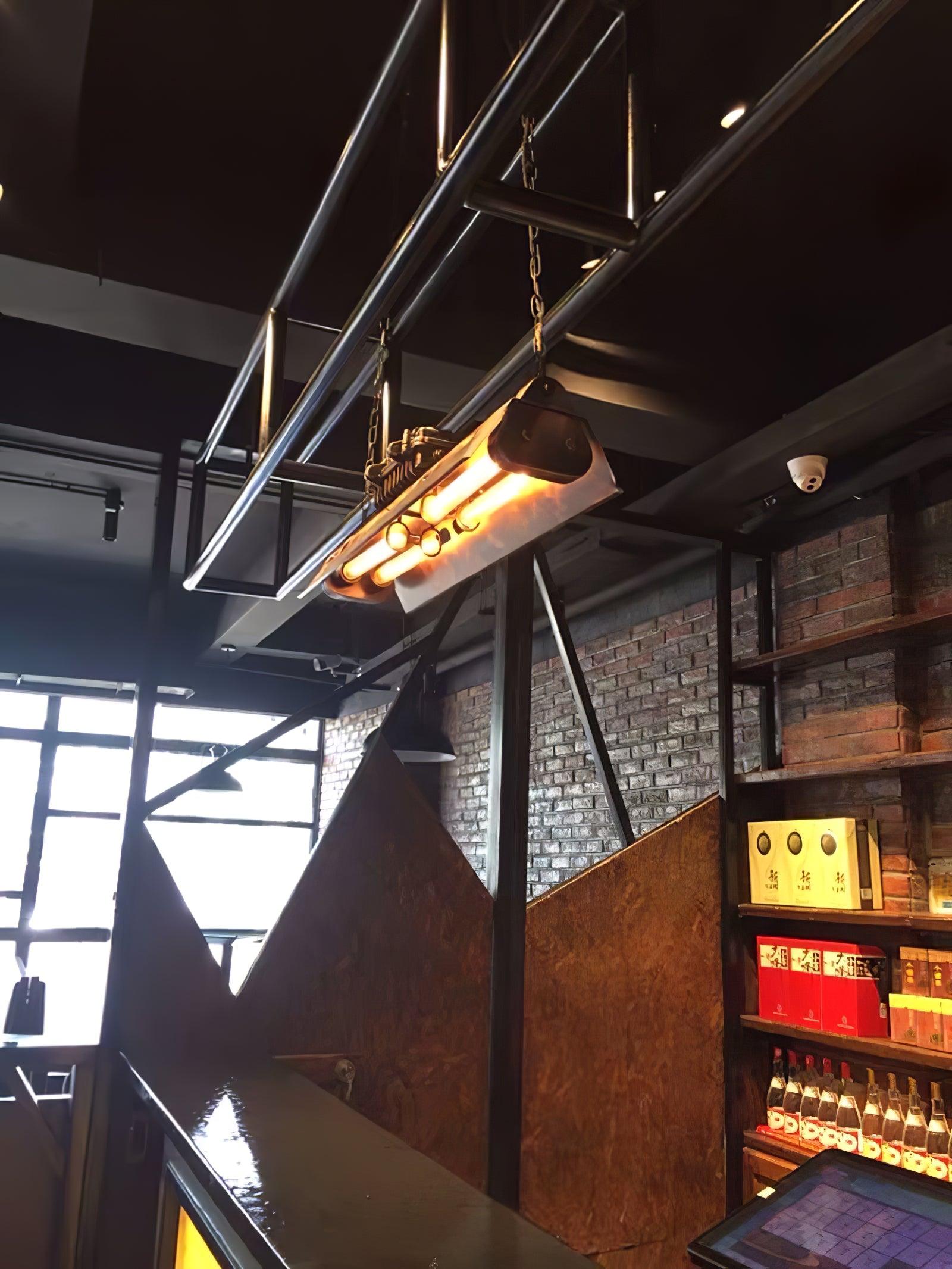 Steampunk rust iron chandelier with exposed Edison-style bulbs