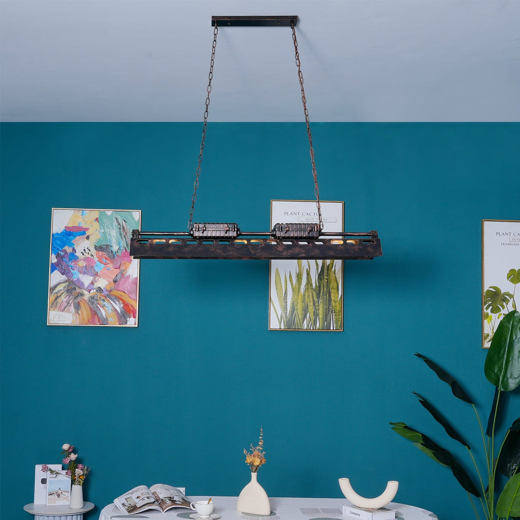 Linear rust iron chandelier with hollow-out mechanical detailing and Edison sockets