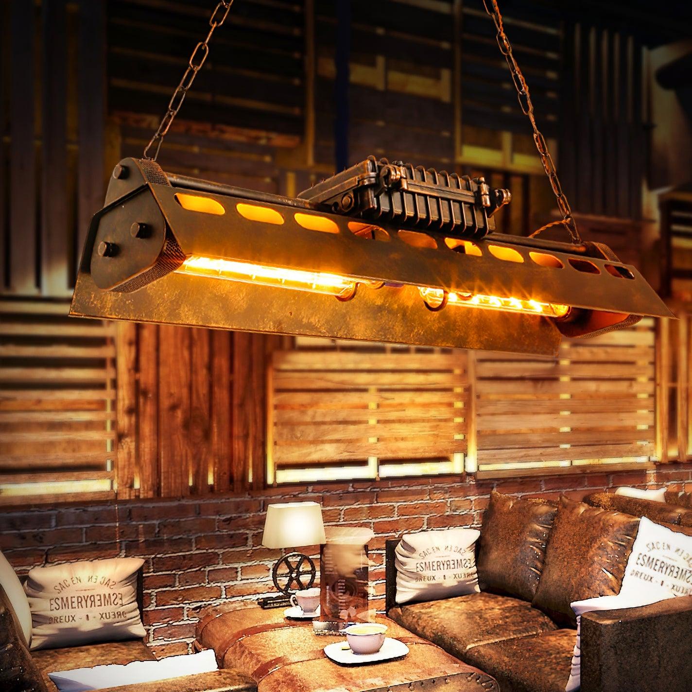Steampunk chandelier with rust iron body over a dining table