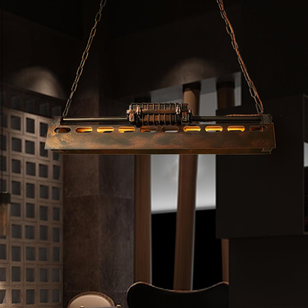 Steampunk chandelier in rust finish with industrial mechanical detail