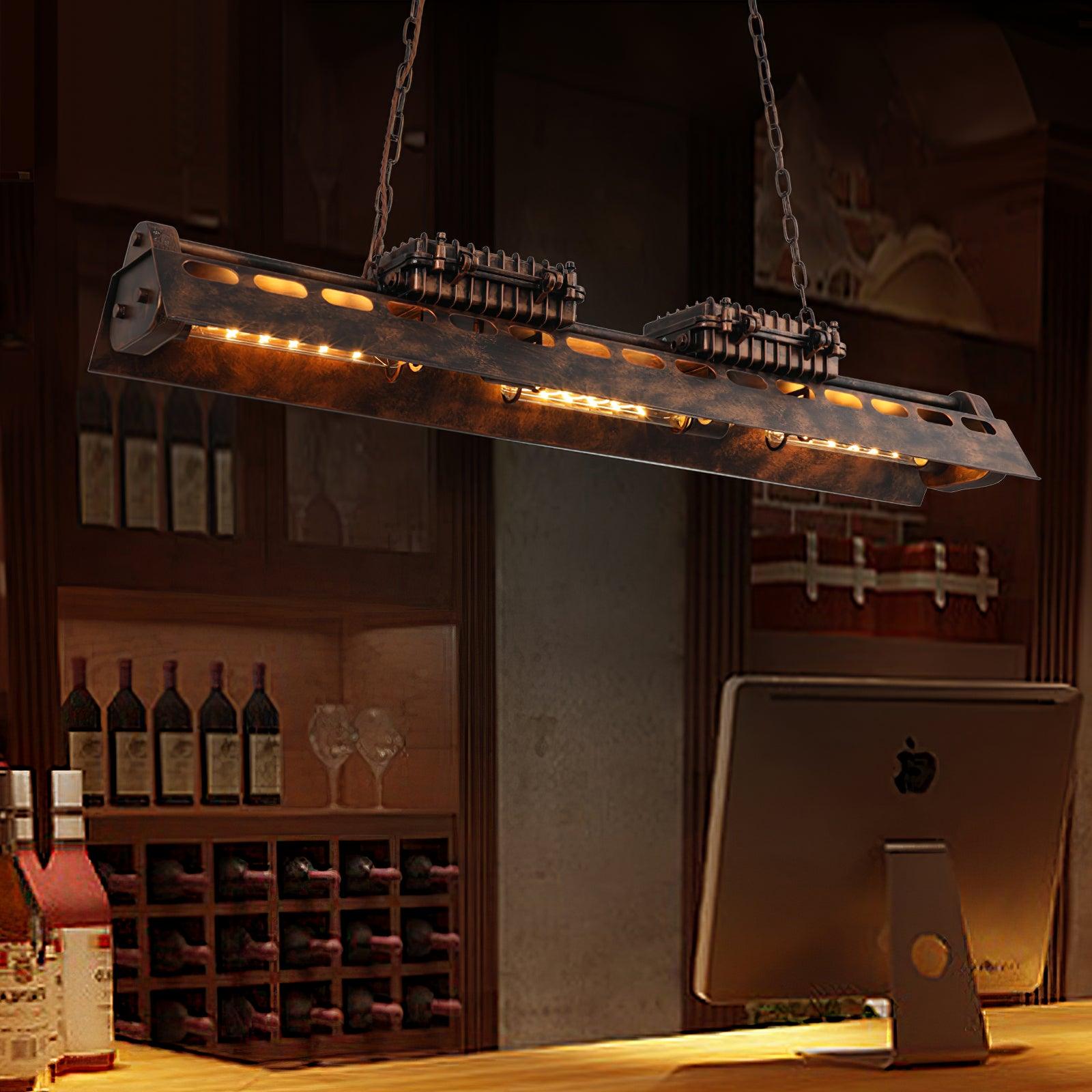 Industrial chandelier with exposed Edison bulbs and rust iron frame