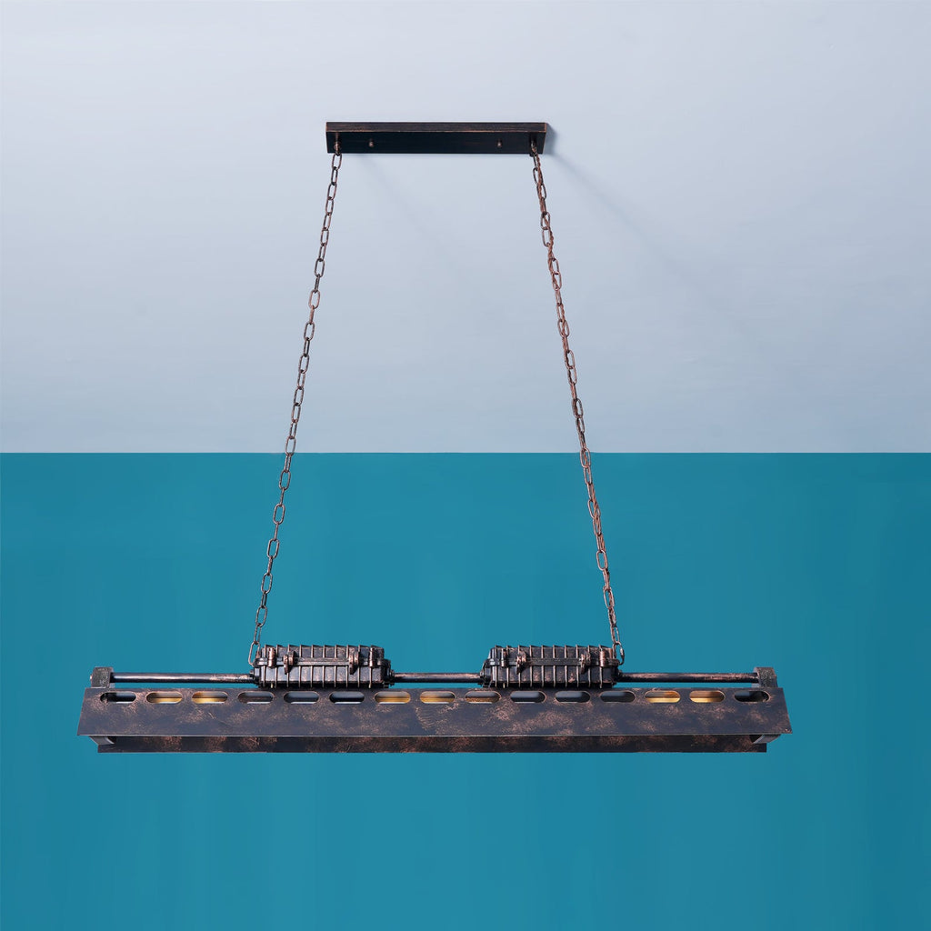 Steampunk chandelier rust iron frame with hollow mechanical detailing