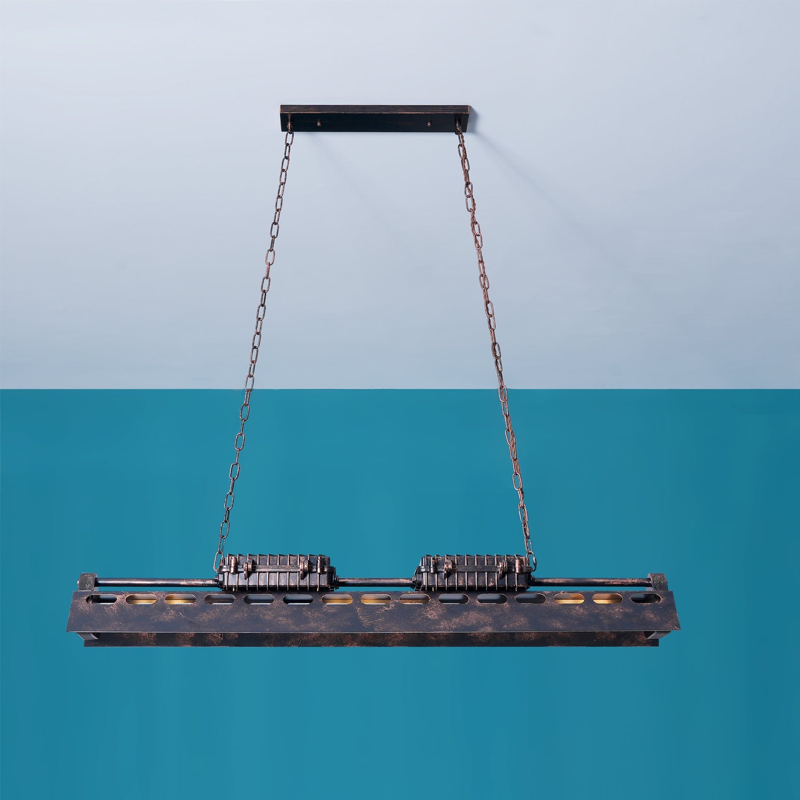 Steampunk chandelier rust iron frame with hollow mechanical detailing