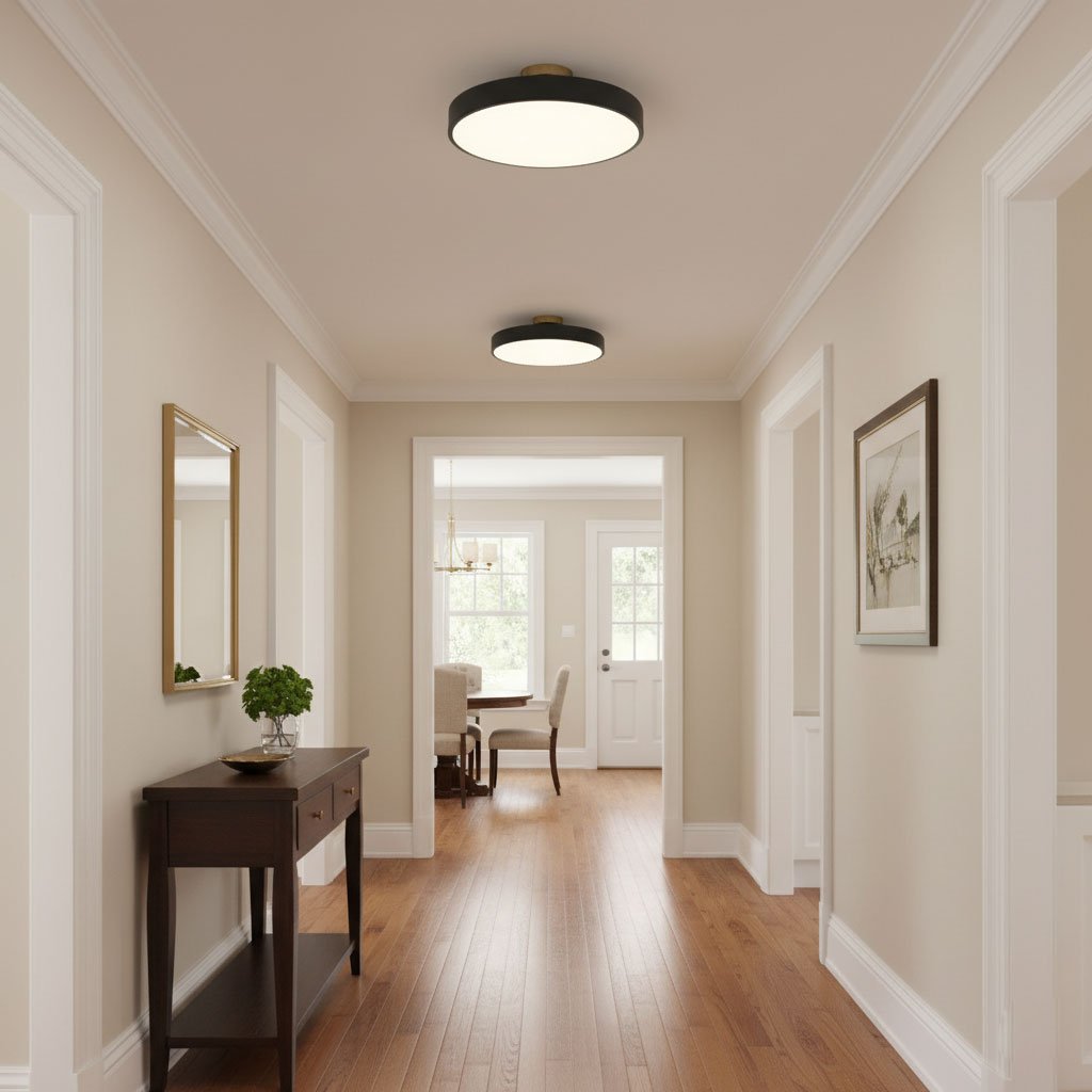 Round flush mount ceiling light mounted flush to the ceiling