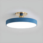 Flush mount ceiling light in blue with white diffuser and gold trim