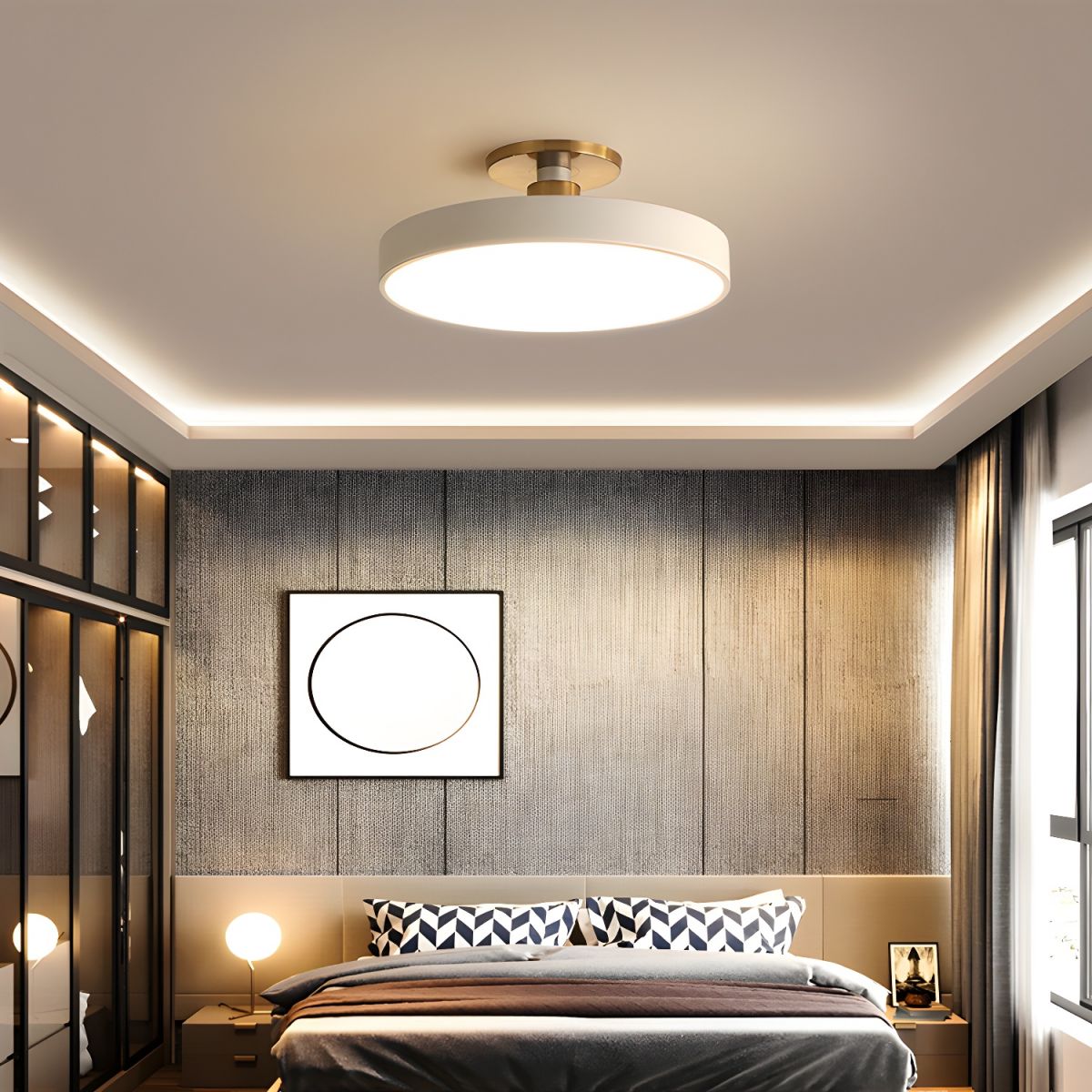 Flush mount ceiling light in black with wide white diffuser