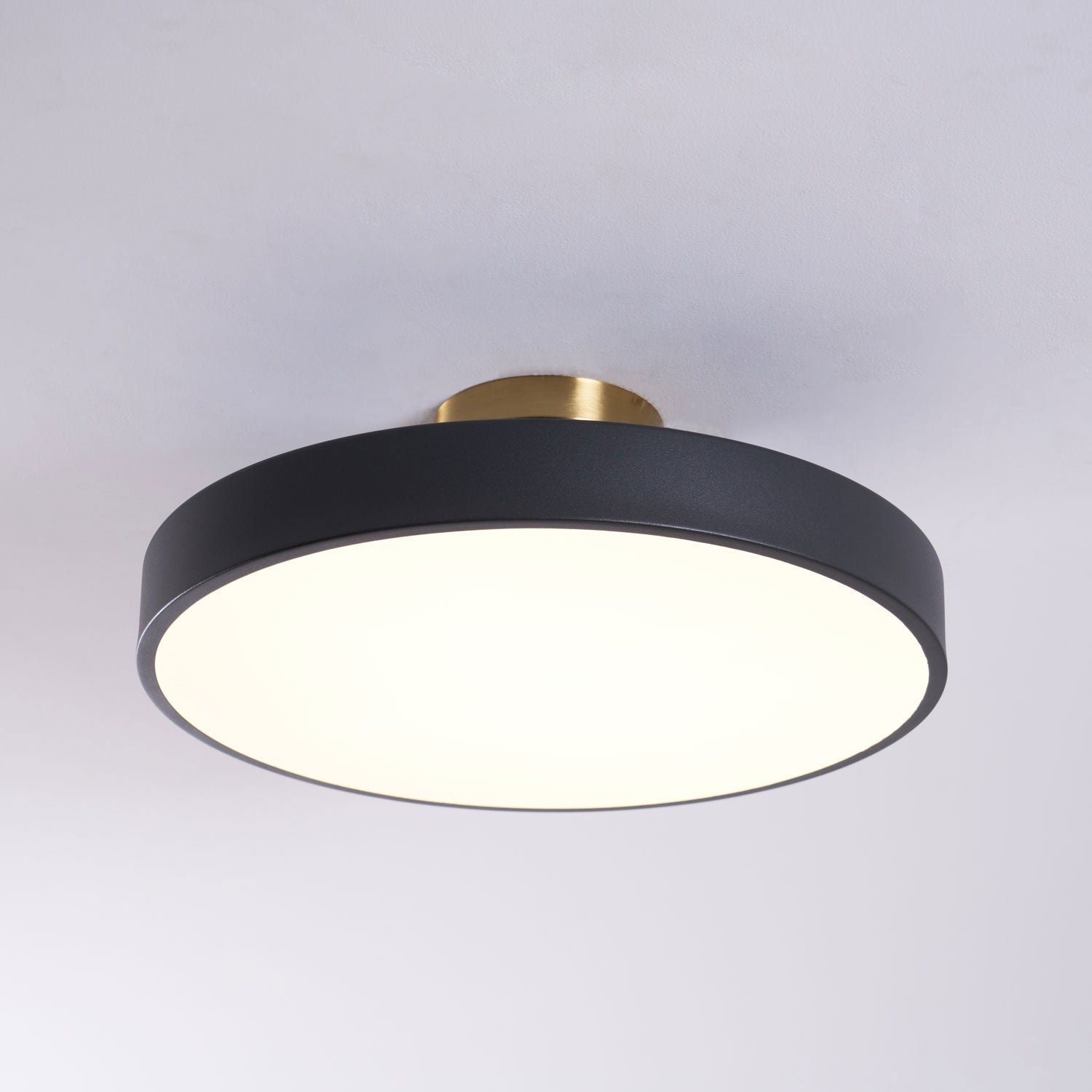 Flush mount ceiling light with wide diffuser and black accents