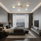 Black sputnik ceiling light with sculptural white glass shades